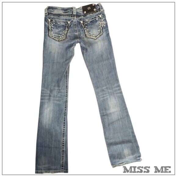 MISS ME Boot Cut Blue Jeans Low Rise Rhinestone Pockets Y2K Denim Women's 26/32 - Picture 3 of 8